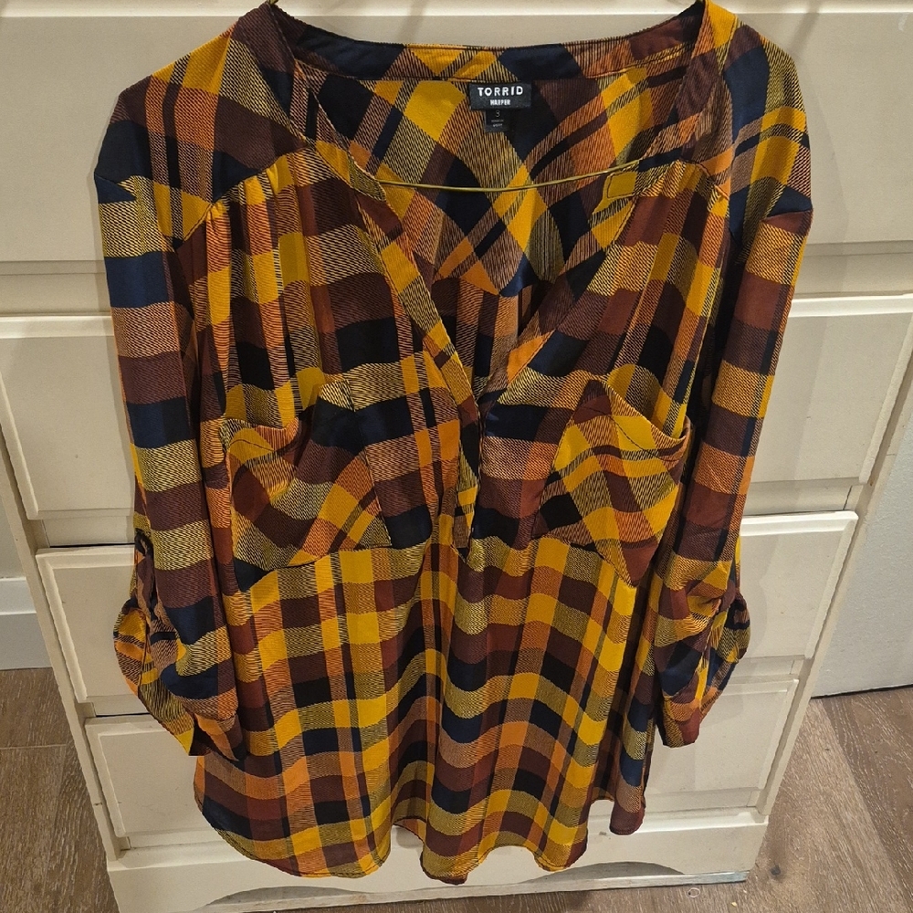 Torrid Plaid Blouse - Yellow and Brown